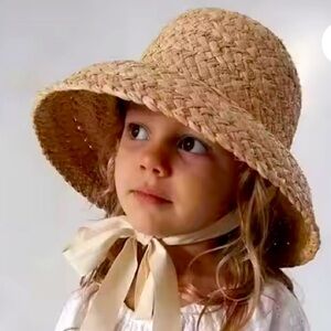 NEW Children Hand-knitted Raffia Retro Flat Top Sun Hat with Lacing